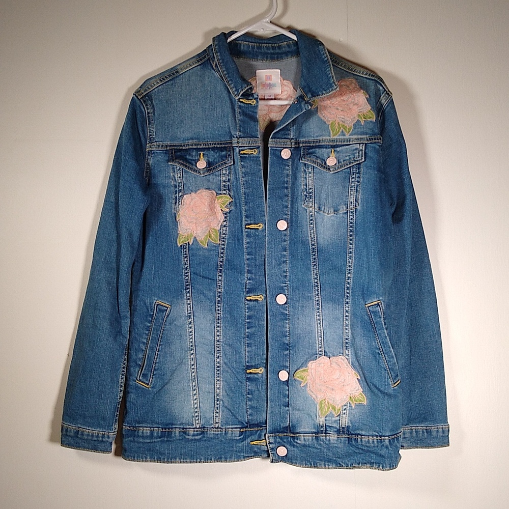 LuLaRoe Jaxon floral applique denim jean jacket M